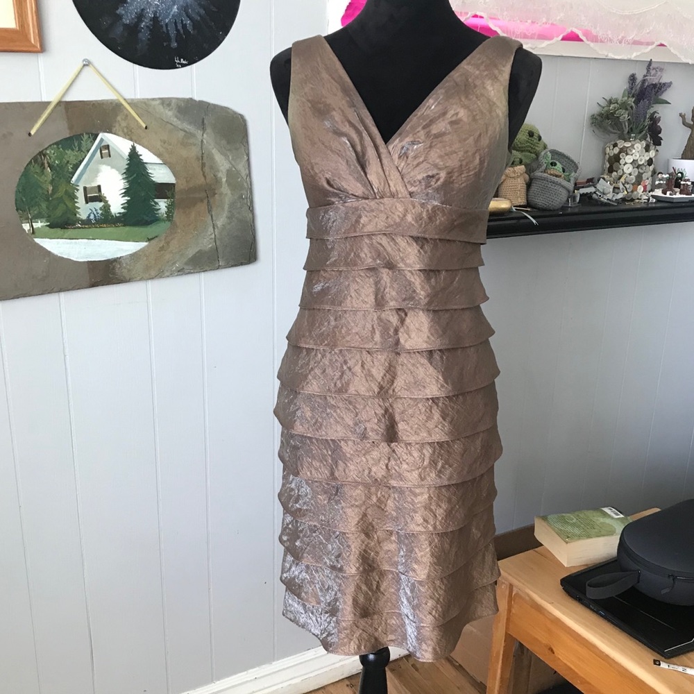 London Times Brown/ Gold Ruffle Dress